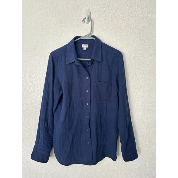 J. Crew Cotton Gauze Button Down Navy Blue Long Sleeve Top Blouse Size M - Picture 1 of 7
